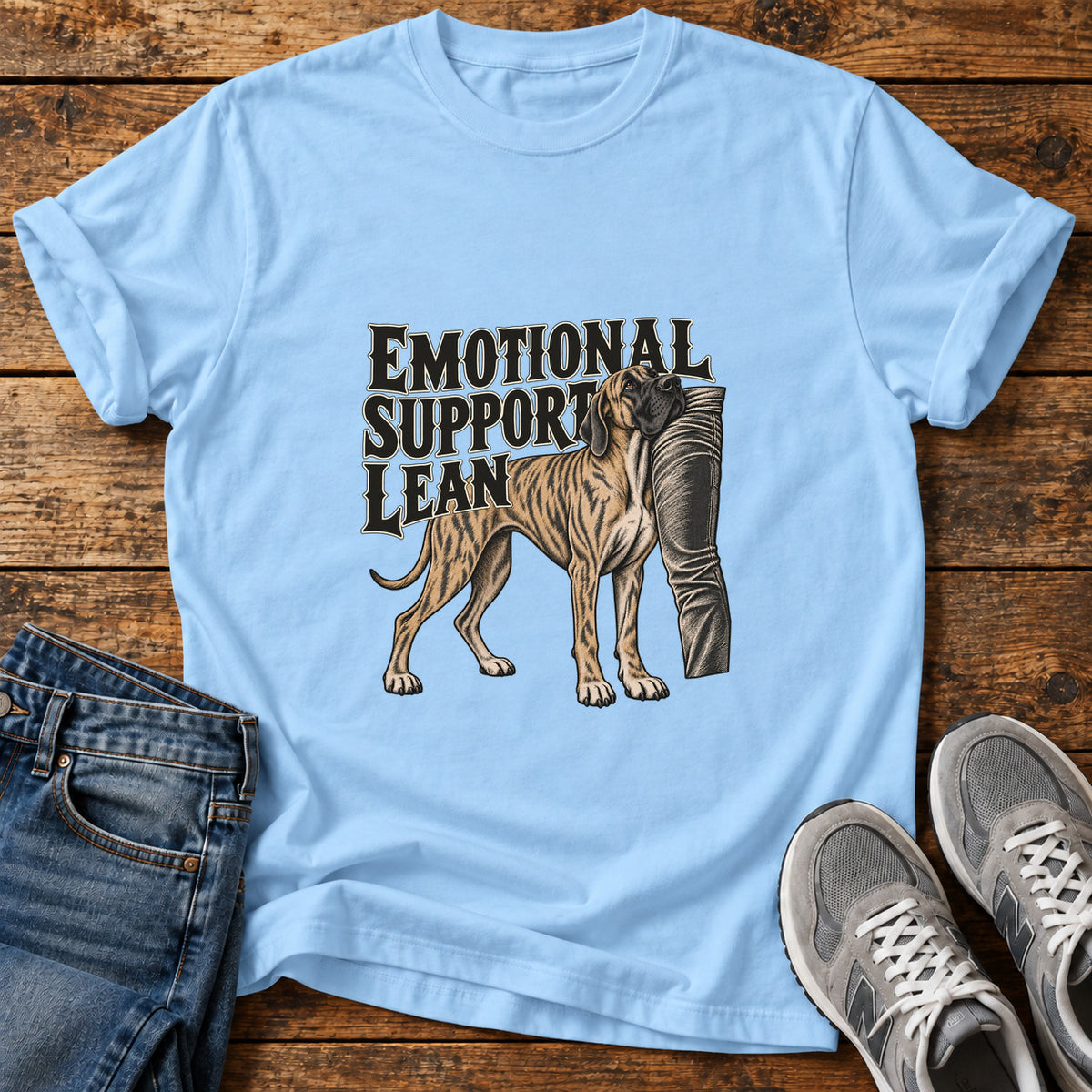 Emotional Support Lean Great Dane graphic T-shirt in Light Blue, shown on a flat-lay shirt mockup