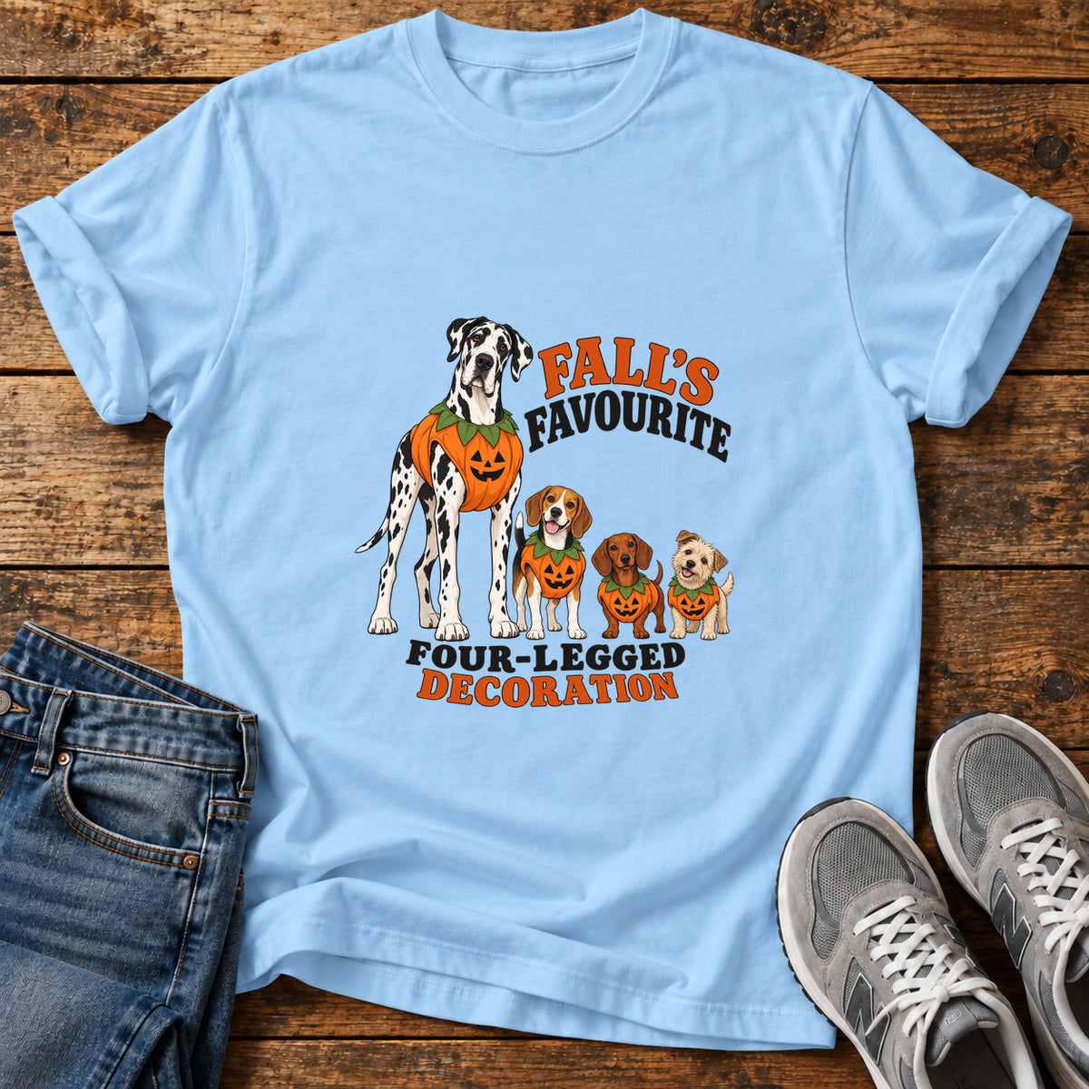 Fall's Favourite Pups Great Dane graphic T-shirt in Light Blue, shown on a flat-lay shirt mockup
