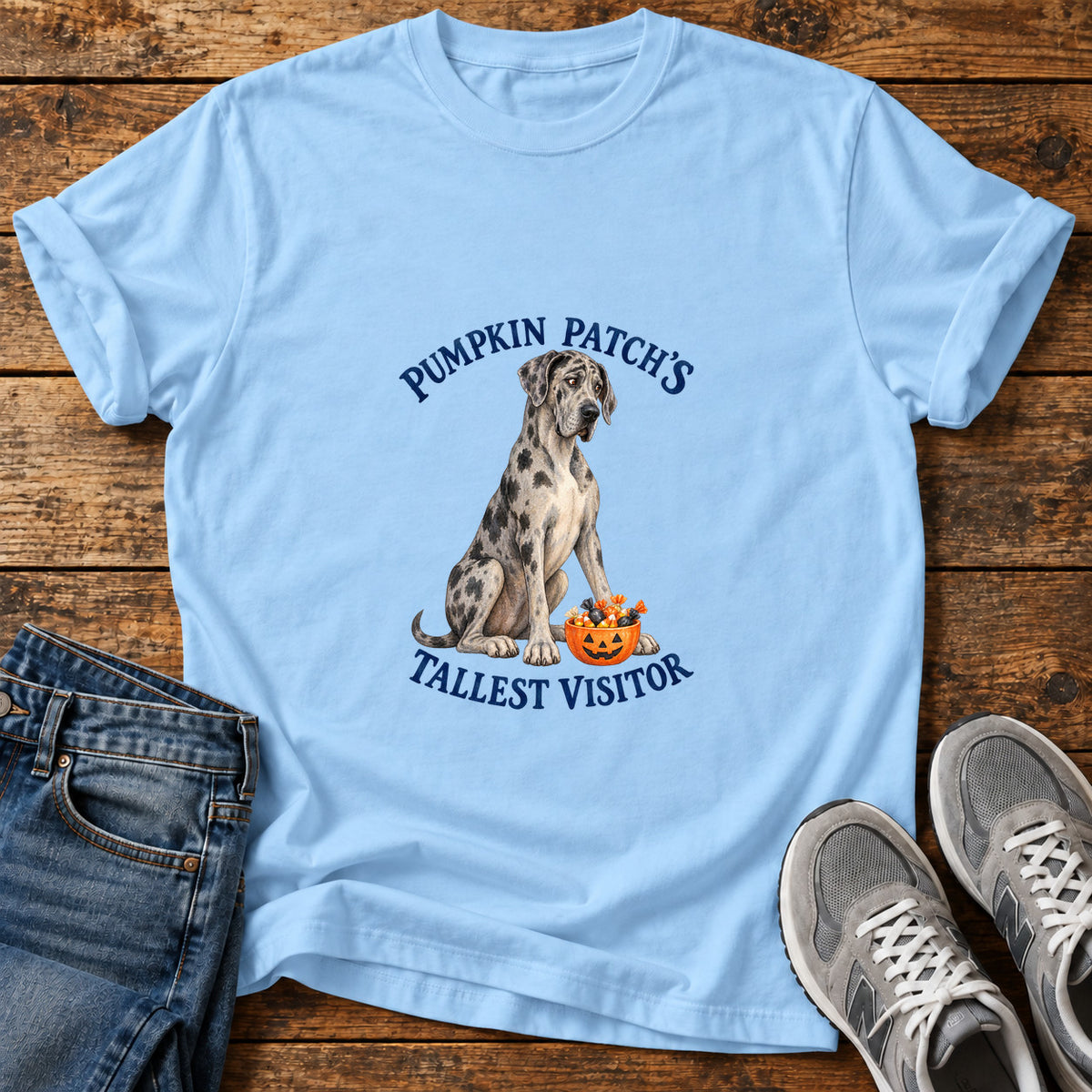 Tallest Visitor Great Dane graphic T-shirt in Light Blue, shown on a flat-lay shirt mockup