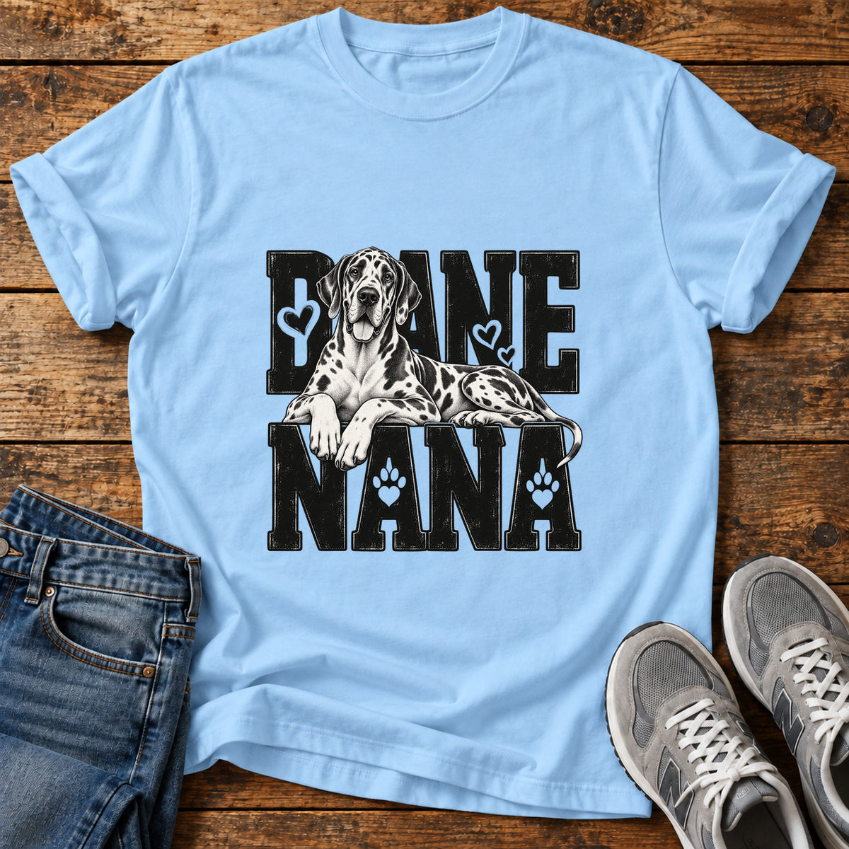 Dane Nana Great Dane graphic T-shirt in Light Blue, shown on a flat-lay shirt mockup