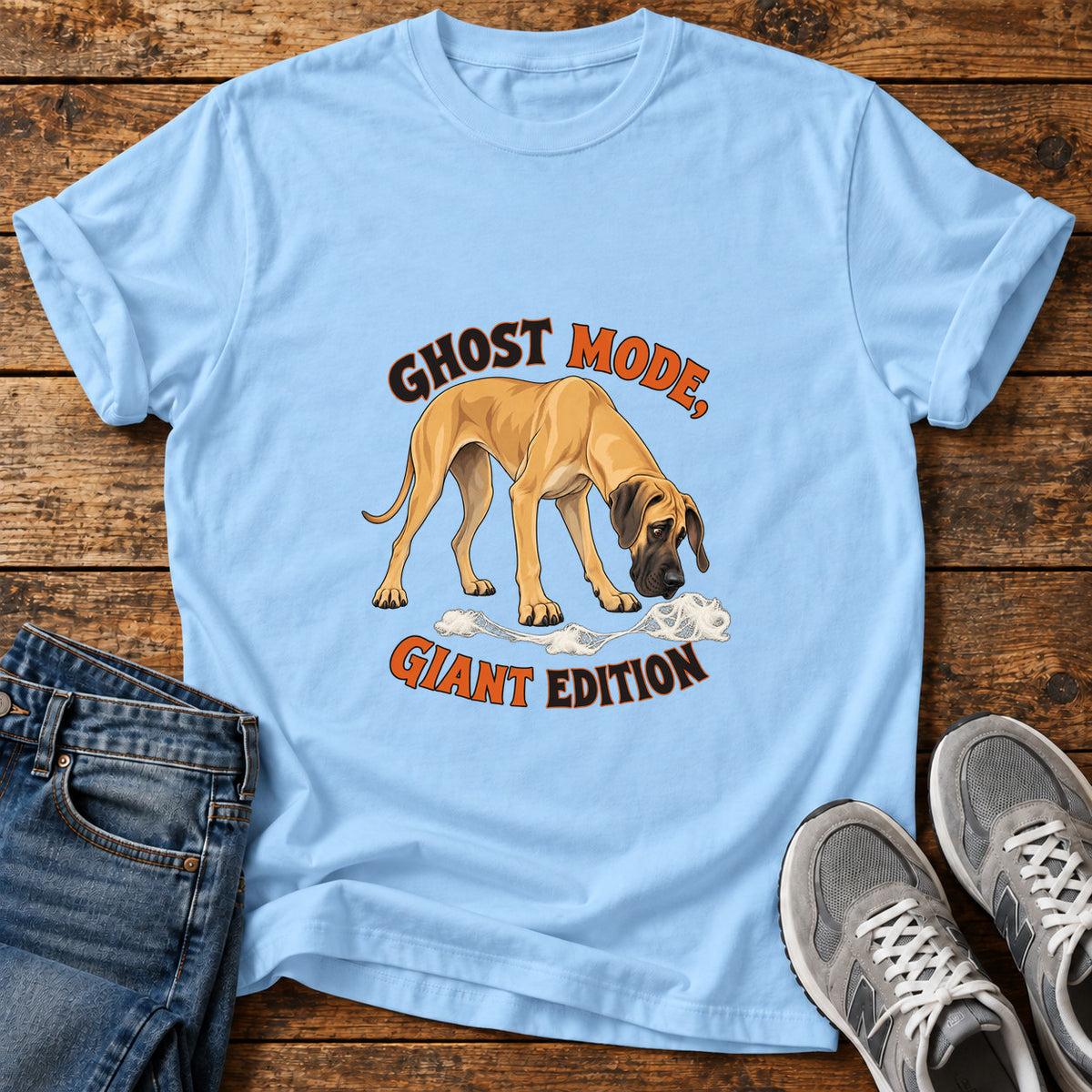 Ghost Mode Giant Great Dane graphic T-shirt in Light Blue, shown on a flat-lay shirt mockup