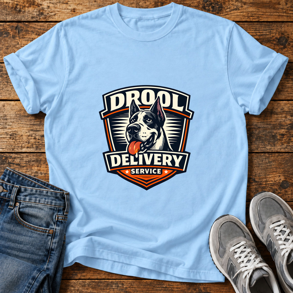 Drool Delivery Service Great Dane graphic T-shirt in Light Blue, shown on a flat-lay shirt mockup