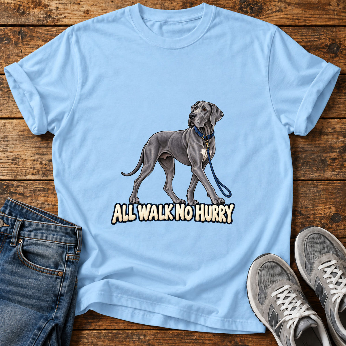 All Walk Great Dane graphic T-shirt in Light Blue, shown on a flat-lay shirt mockup