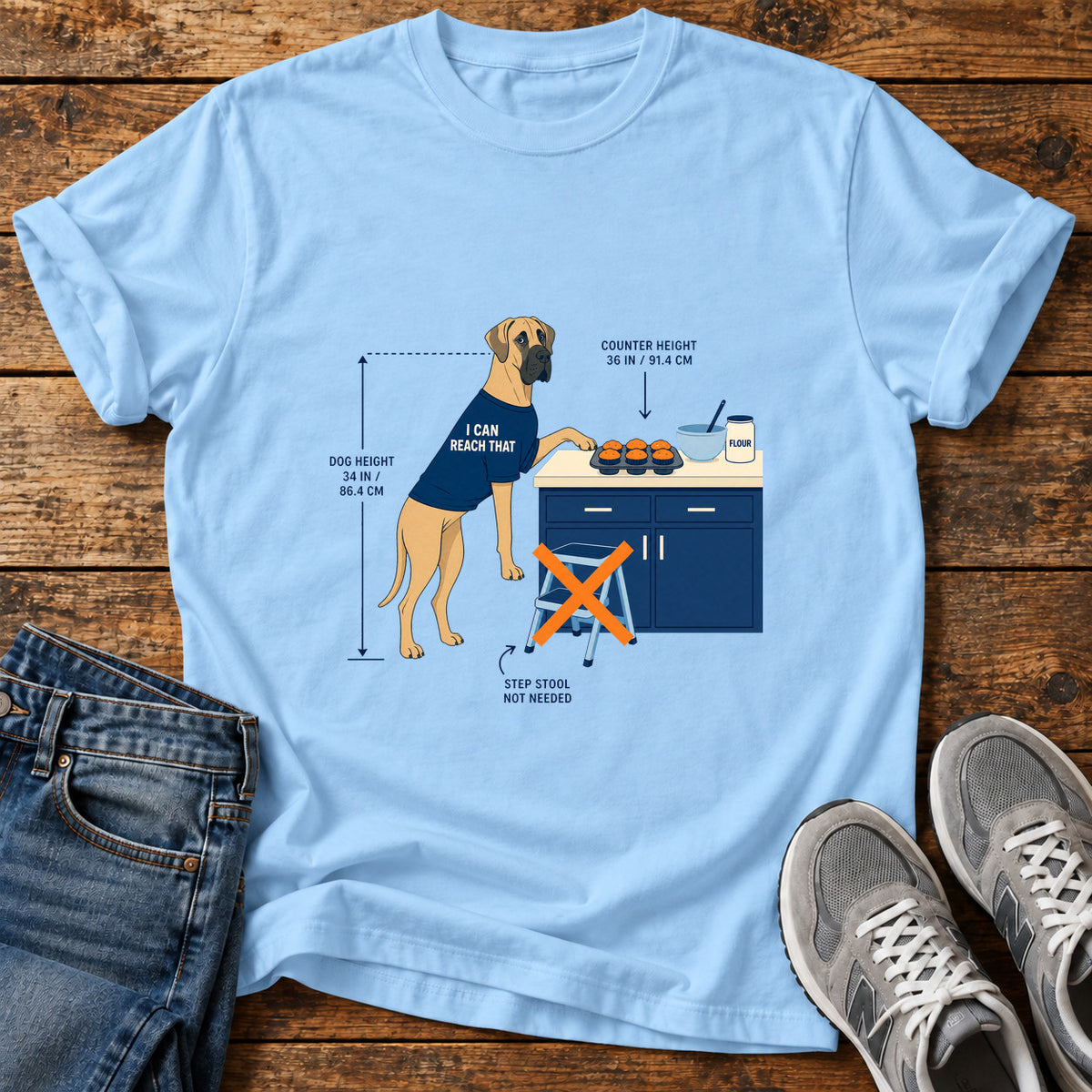I Can Reach Great Dane graphic T-shirt in Light Blue, shown on a flat-lay shirt mockup