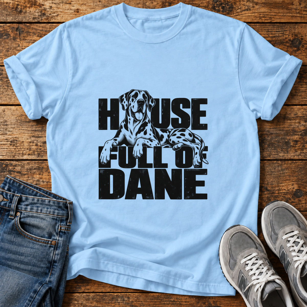 House Full Dane Great Dane graphic T-shirt in Light Blue, shown on a flat-lay shirt mockup