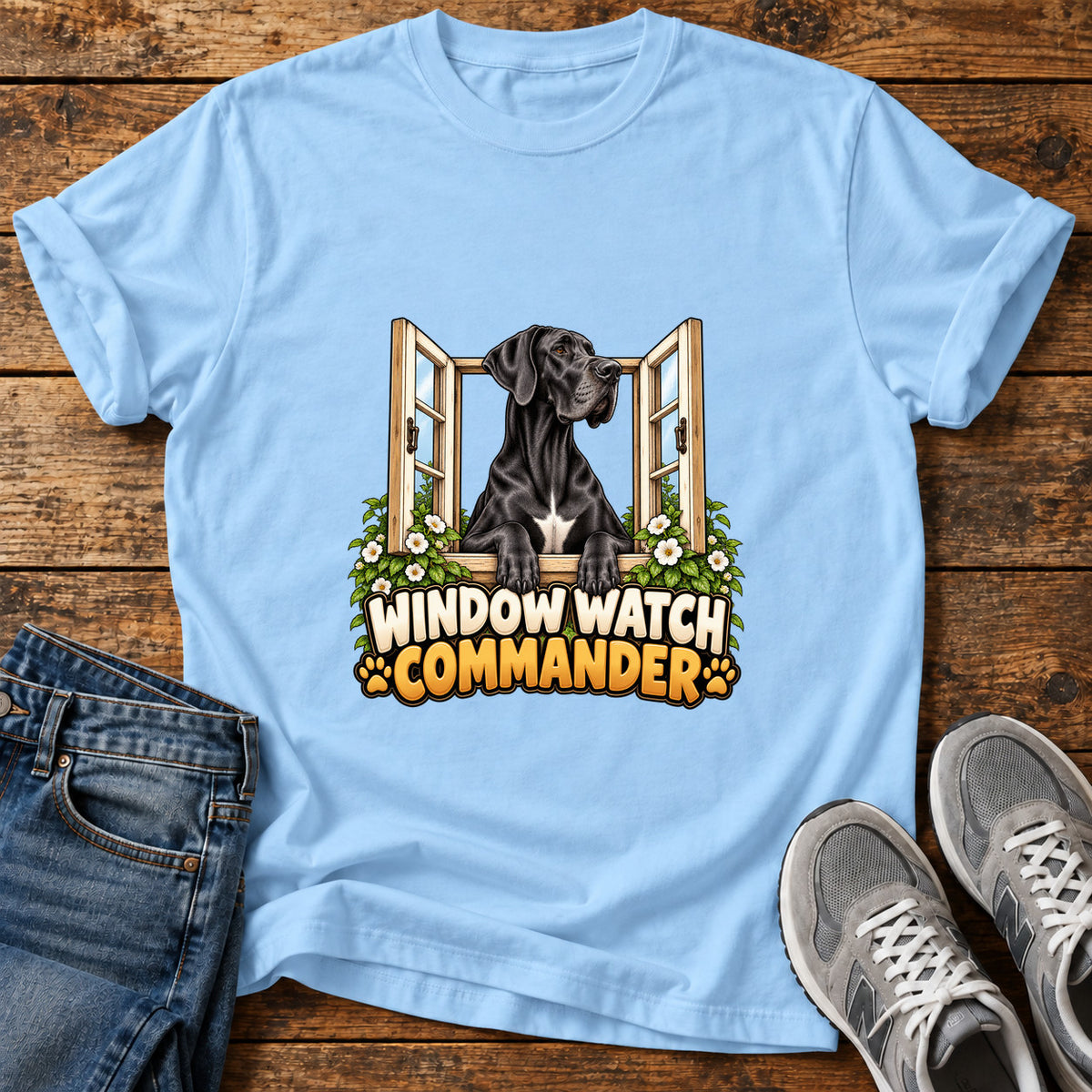 Window Watch Commander Great Dane graphic T-shirt in Light Blue, shown on a flat-lay shirt mockup