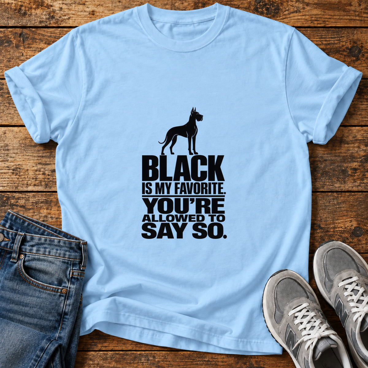 Black Favorite Style Great Dane graphic T-shirt in Light Blue, shown on a flat-lay shirt mockup
