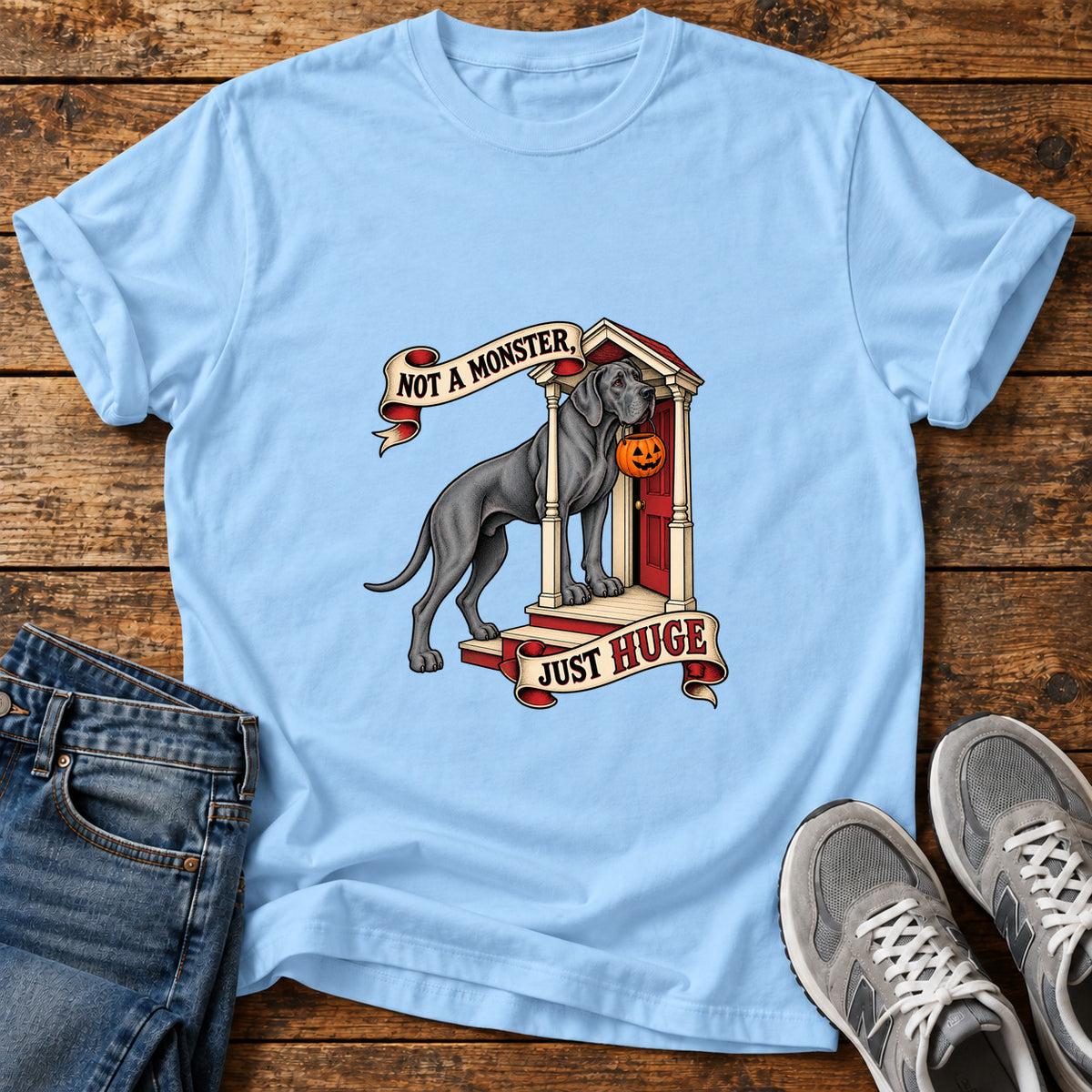 Not A Monster Great Dane graphic T-shirt in Light Blue, shown on a flat-lay shirt mockup