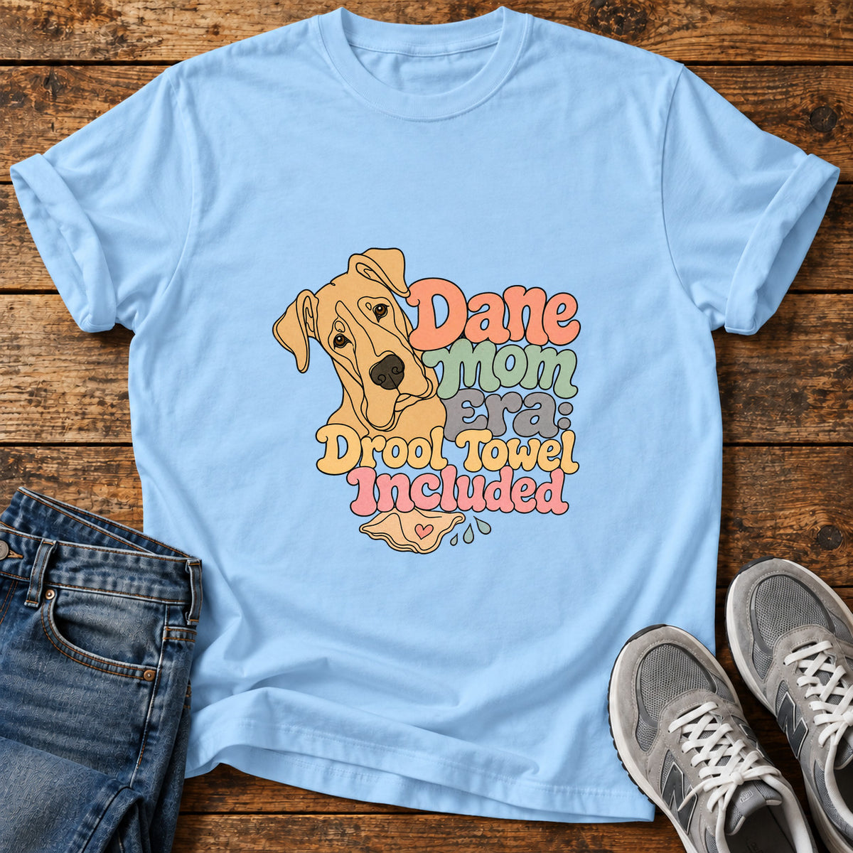 Dane Mom Era Great Dane graphic T-shirt in Light Blue, shown on a flat-lay shirt mockup