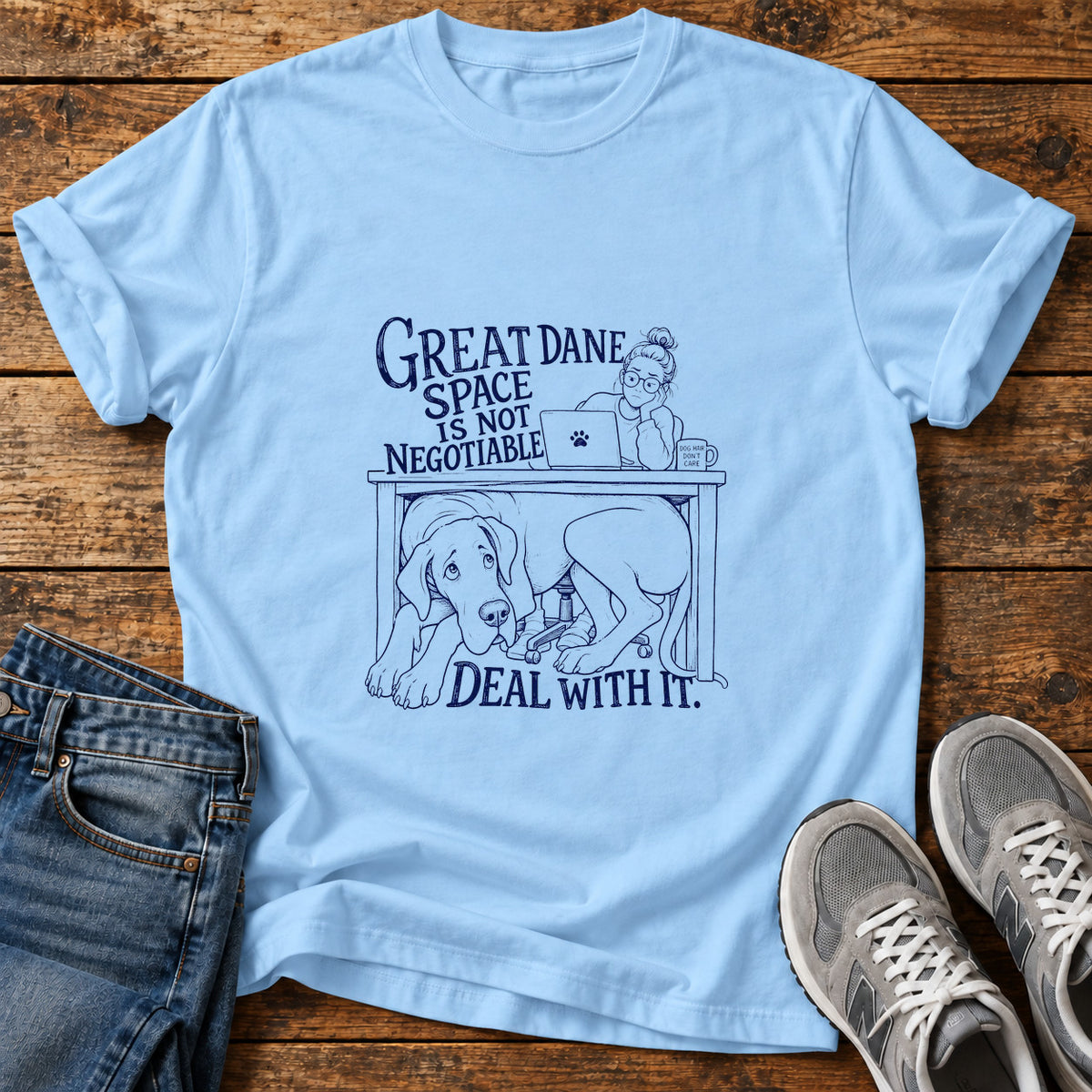 Great Dane Space graphic T-shirt in Light Blue, shown on a flat-lay shirt mockup