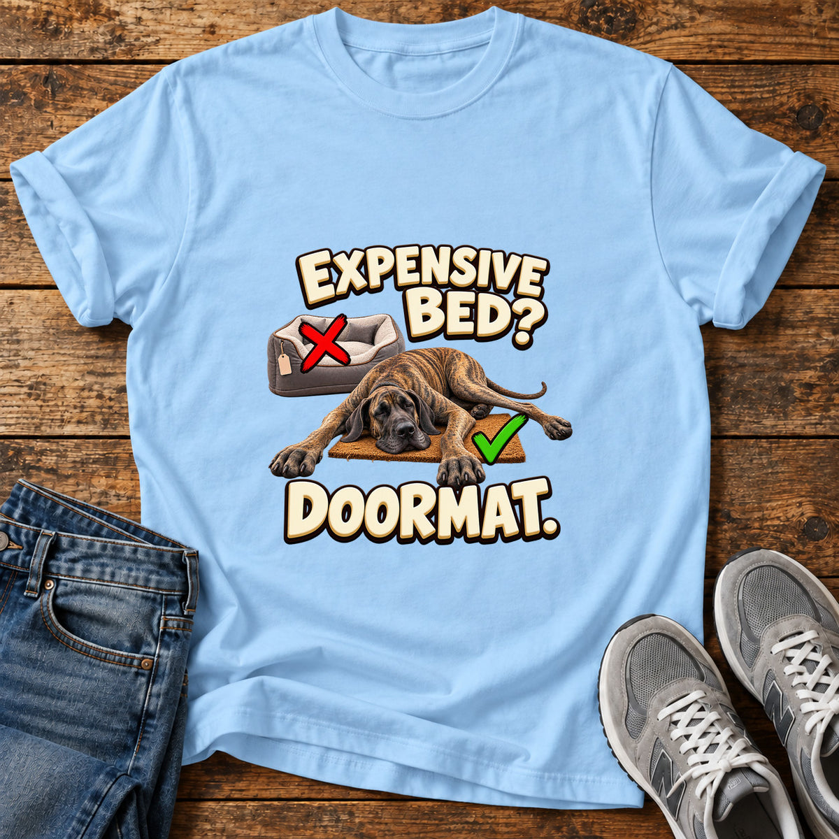 Doormat Doggo Great Dane graphic T-shirt in Light Blue, shown on a flat-lay shirt mockup
