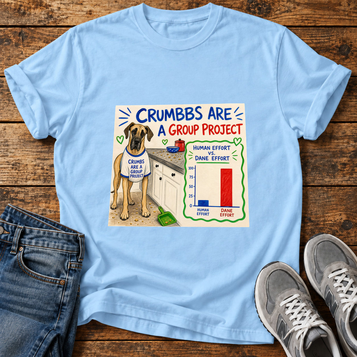 Crumbs Teamwork Great Dane graphic T-shirt in Light Blue, shown on a flat-lay shirt mockup