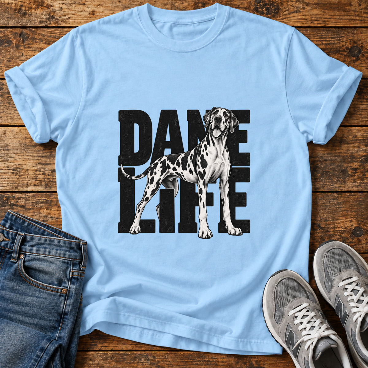 Dane Life Great Dane graphic T-shirt in Light Blue, shown on a flat-lay shirt mockup