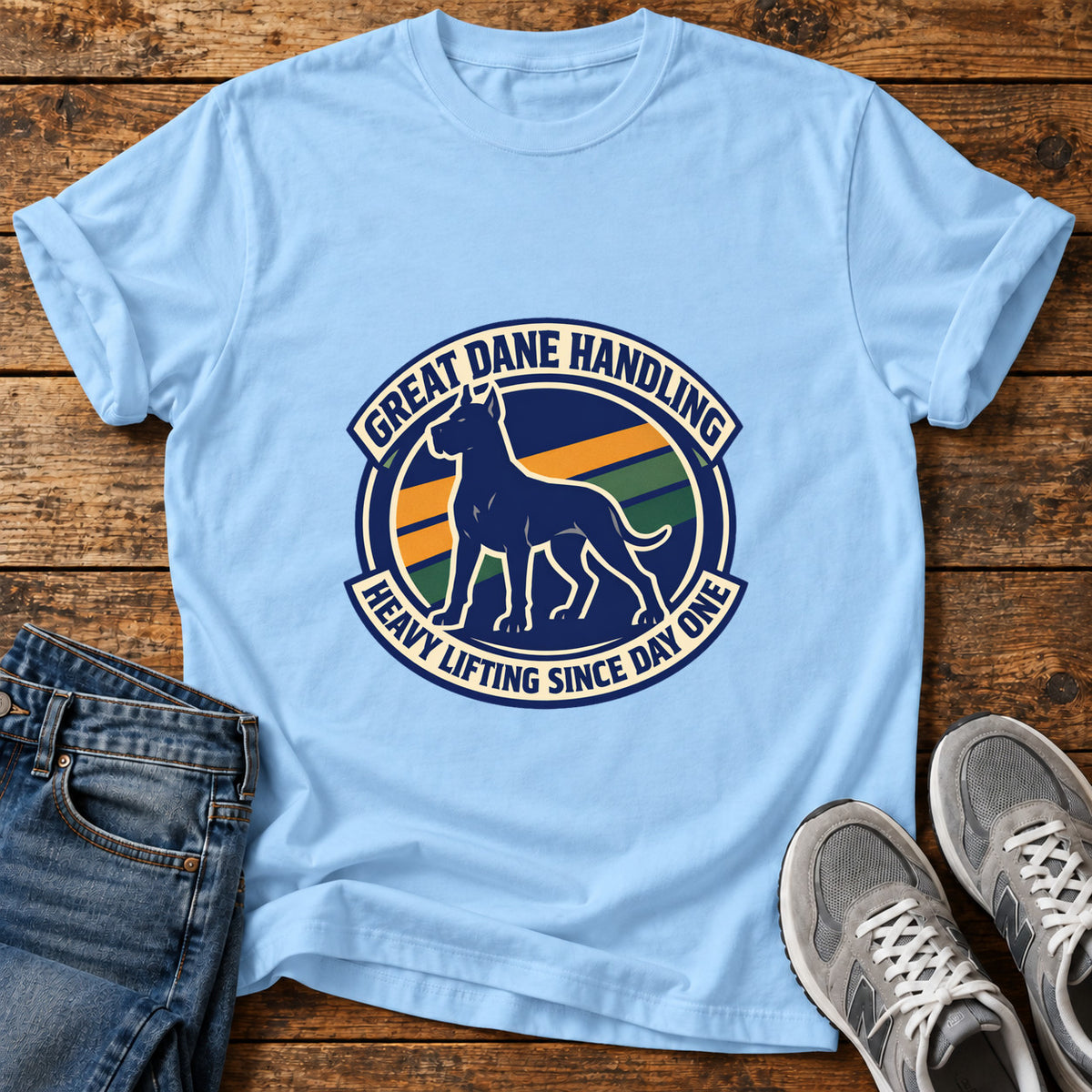 Great Dane Lifting graphic T-shirt in Light Blue, shown on a flat-lay shirt mockup