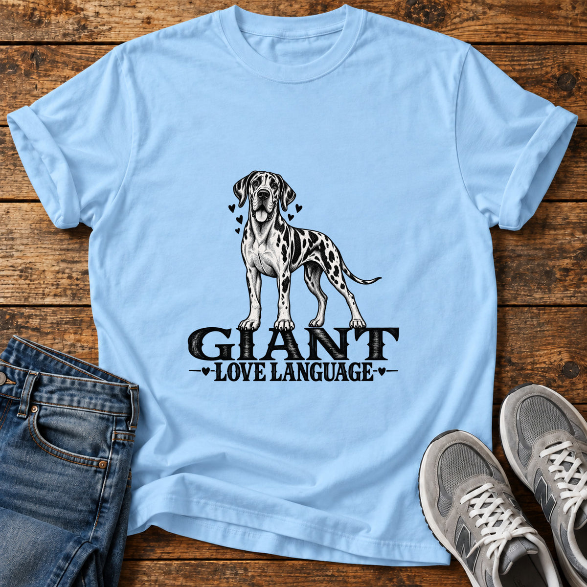 Giant Love Language Great Dane graphic T-shirt in Light Blue, shown on a flat-lay shirt mockup