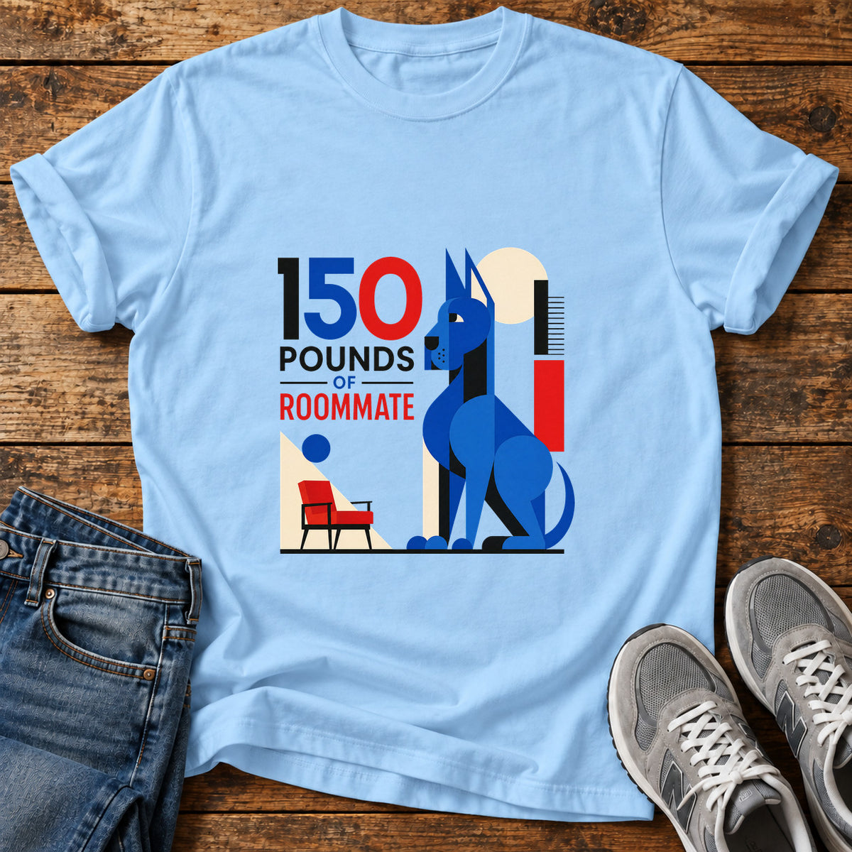 150 Pounds Roommate Great Dane graphic T-shirt in Light Blue, shown on a flat-lay shirt mockup