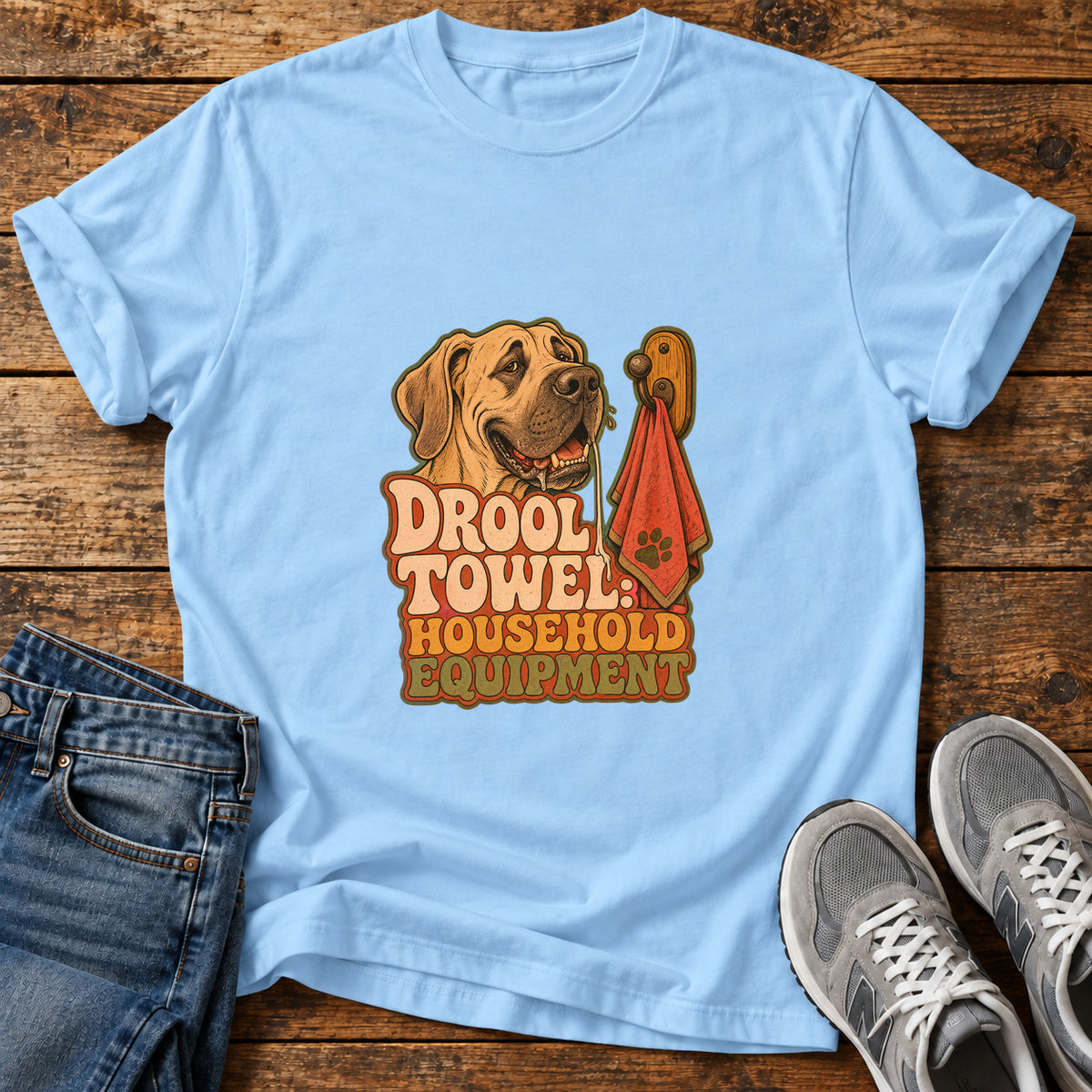Drool Towel Essentials Great Dane graphic T-shirt in Light Blue, shown on a flat-lay shirt mockup
