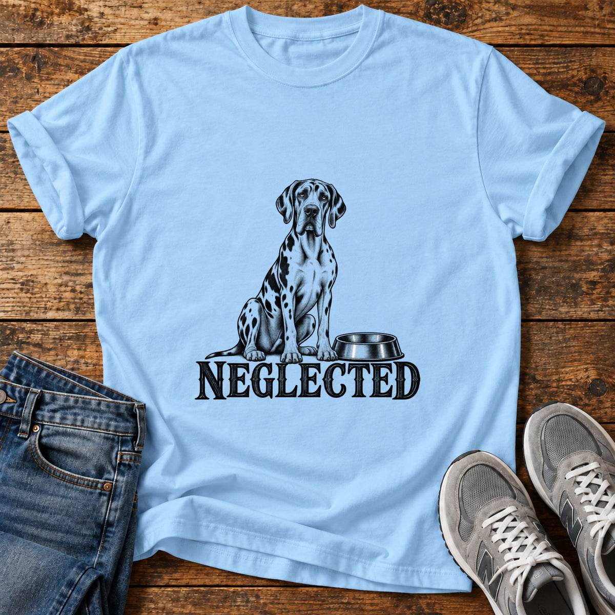 Neglected Dane Great Dane graphic T-shirt in Light Blue, shown on a flat-lay shirt mockup