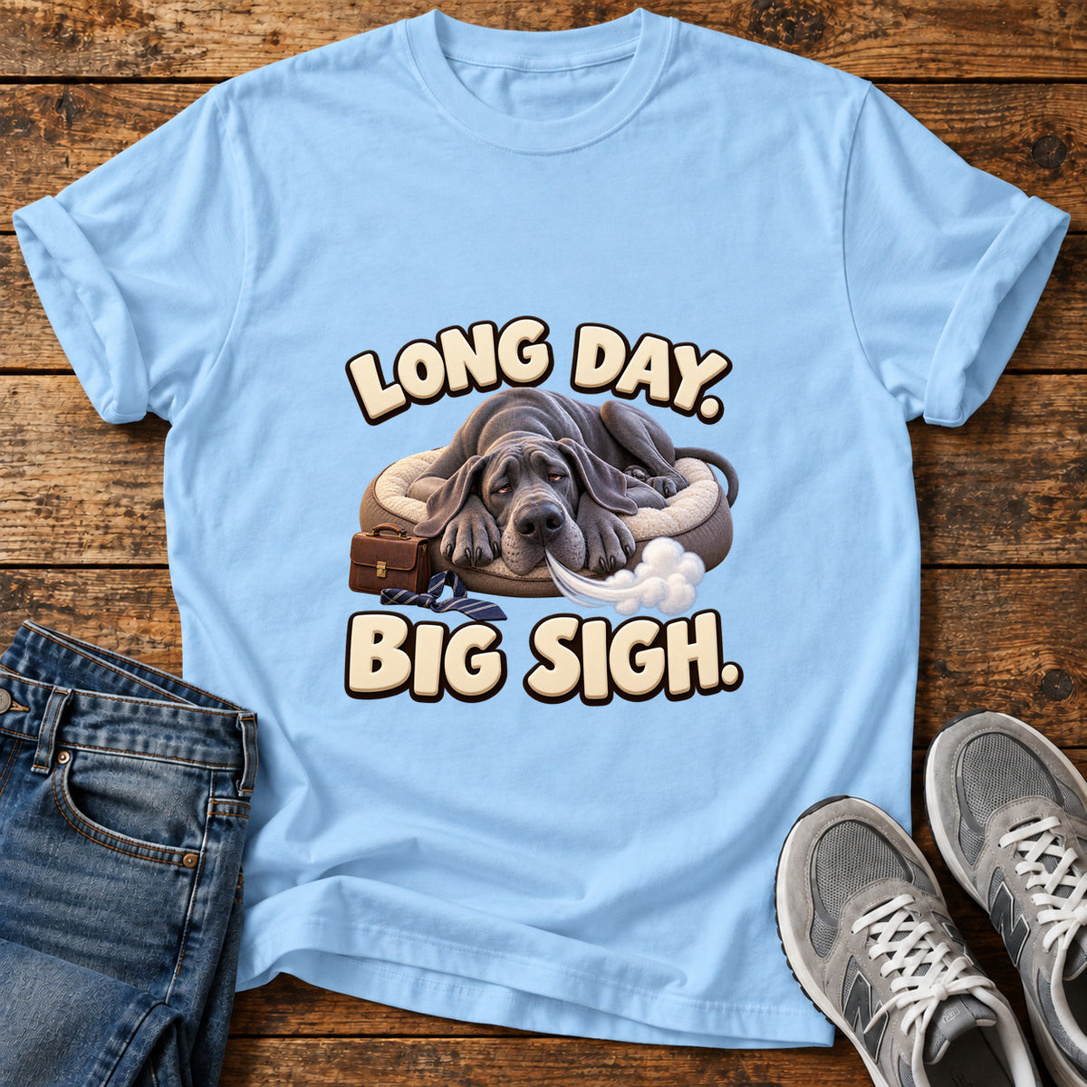 Long Day Sigh Great Dane graphic T-shirt in Light Blue, shown on a flat-lay shirt mockup