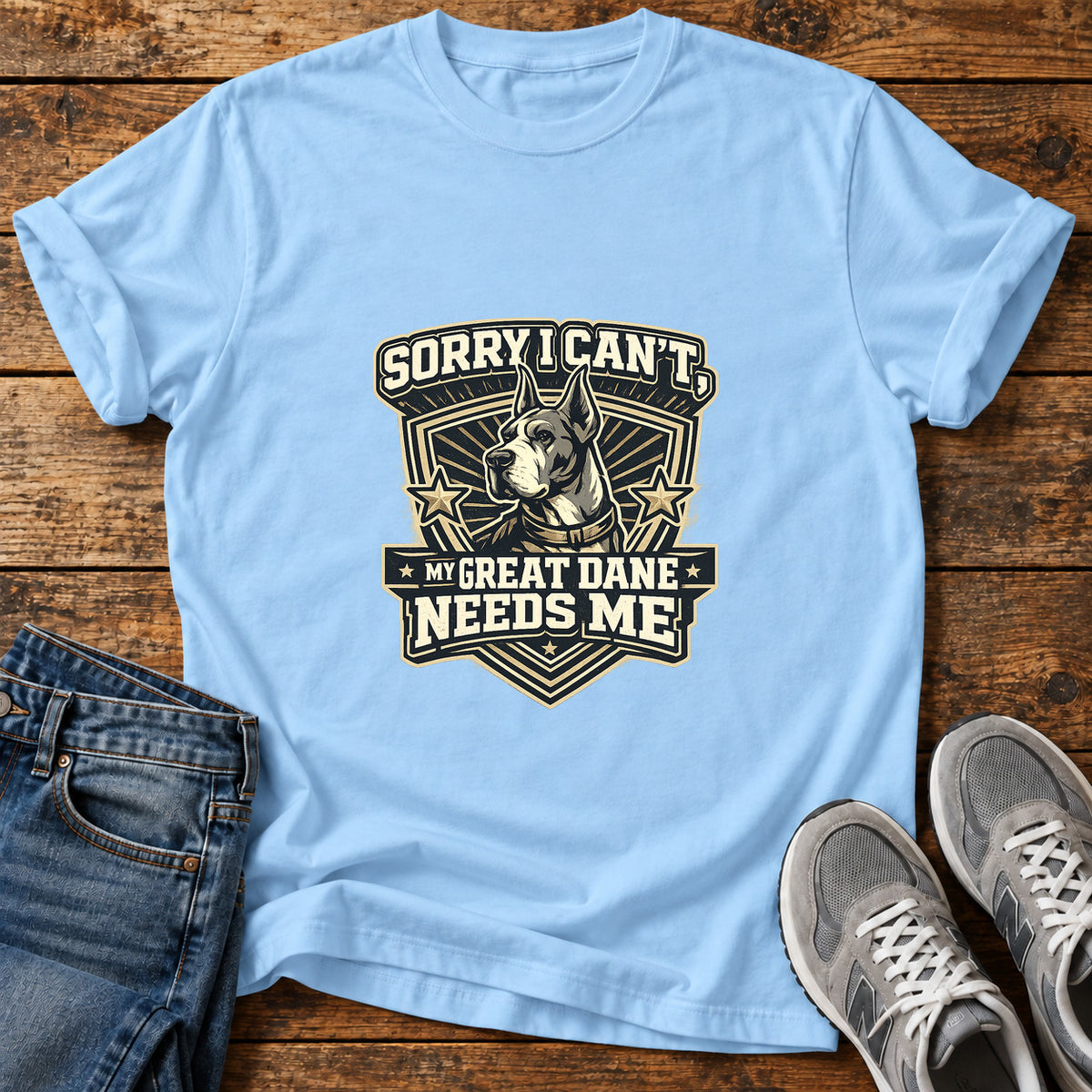 Sorry Great Dane graphic T-shirt in Light Blue, shown on a flat-lay shirt mockup