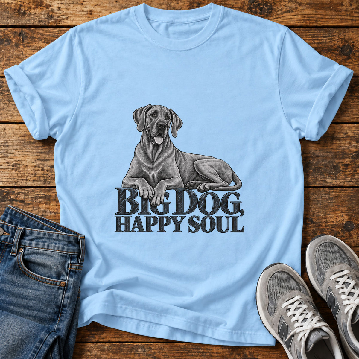 Big Dog Bliss Great Dane graphic T-shirt in Light Blue, shown on a flat-lay shirt mockup