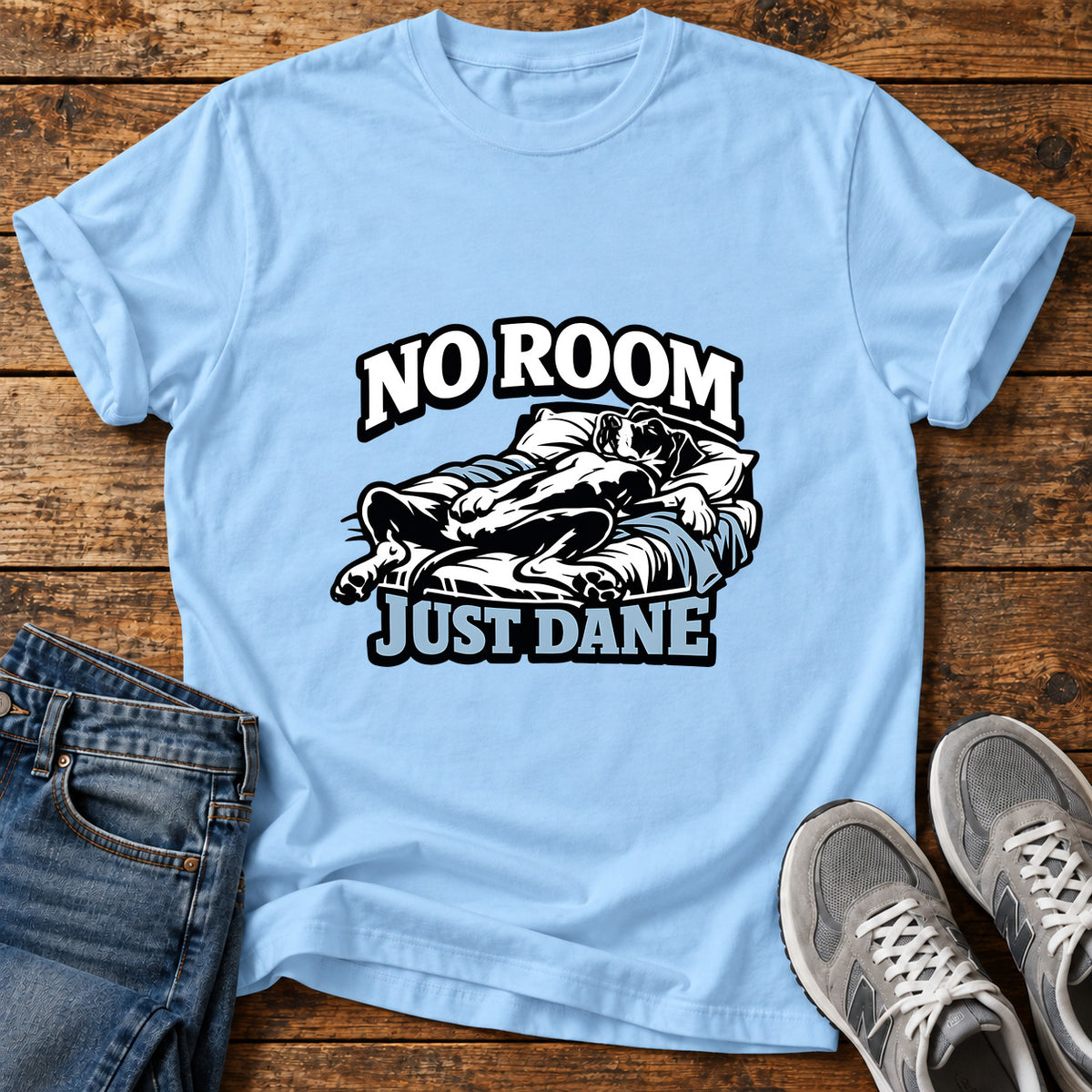 No Room Dane Great Dane graphic T-shirt in Light Blue, shown on a flat-lay shirt mockup