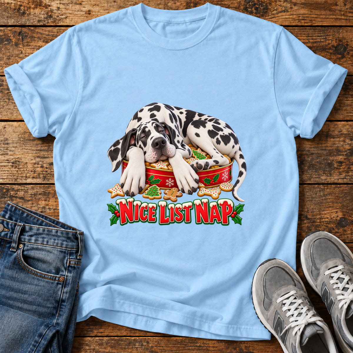 Nice List Nap Great Dane graphic T-shirt in Light Blue, shown on a flat-lay shirt mockup