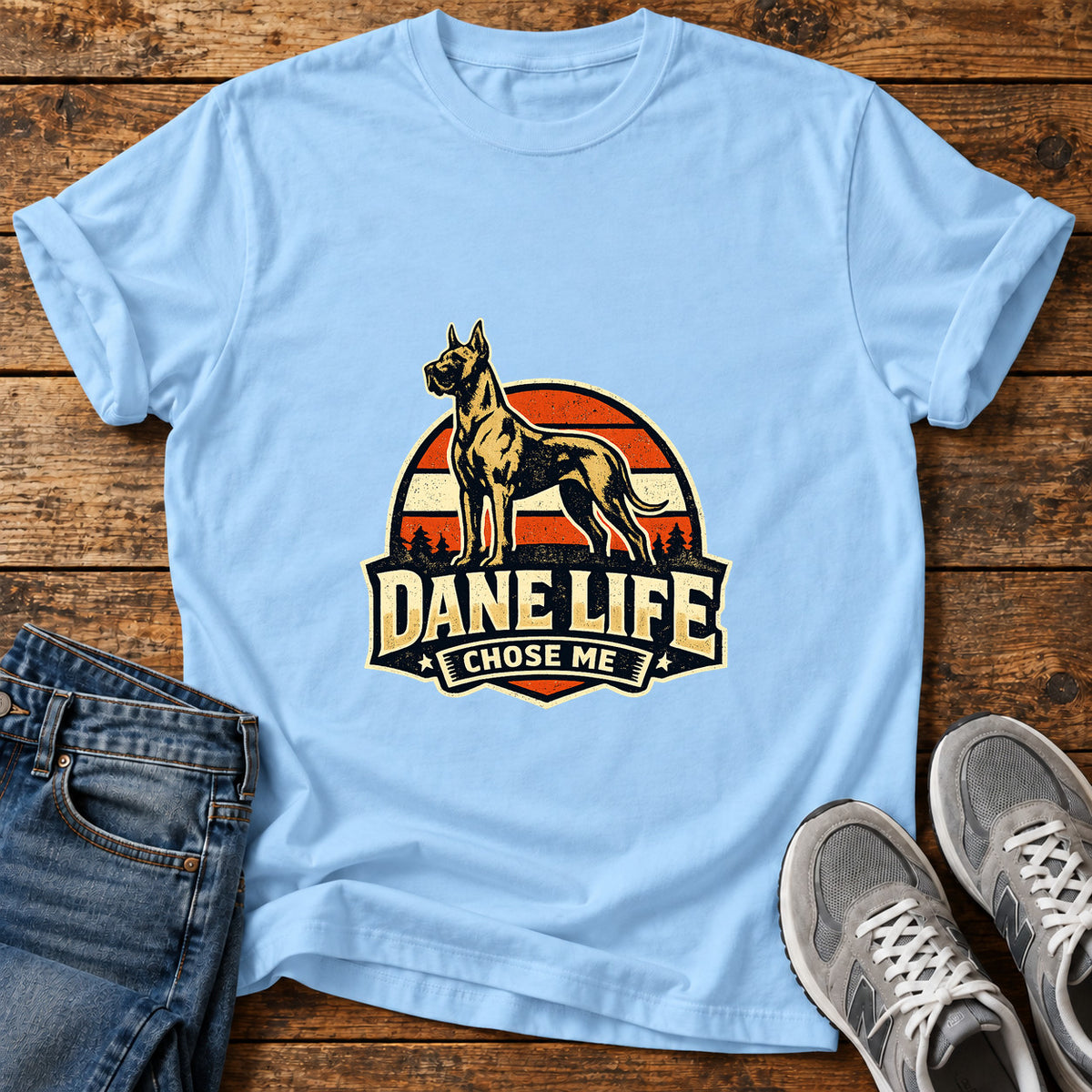 Dane Life Great Dane graphic T-shirt in Light Blue, shown on a flat-lay shirt mockup