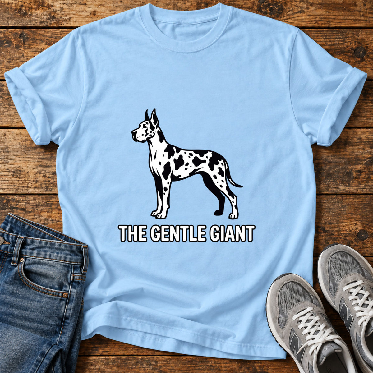 The Gentle Giant Great Dane graphic T-shirt in Light Blue, shown on a flat-lay shirt mockup