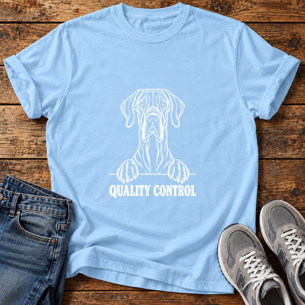 Quality Control Great Dane graphic T-shirt in Light Blue, shown on a flat-lay shirt mockup