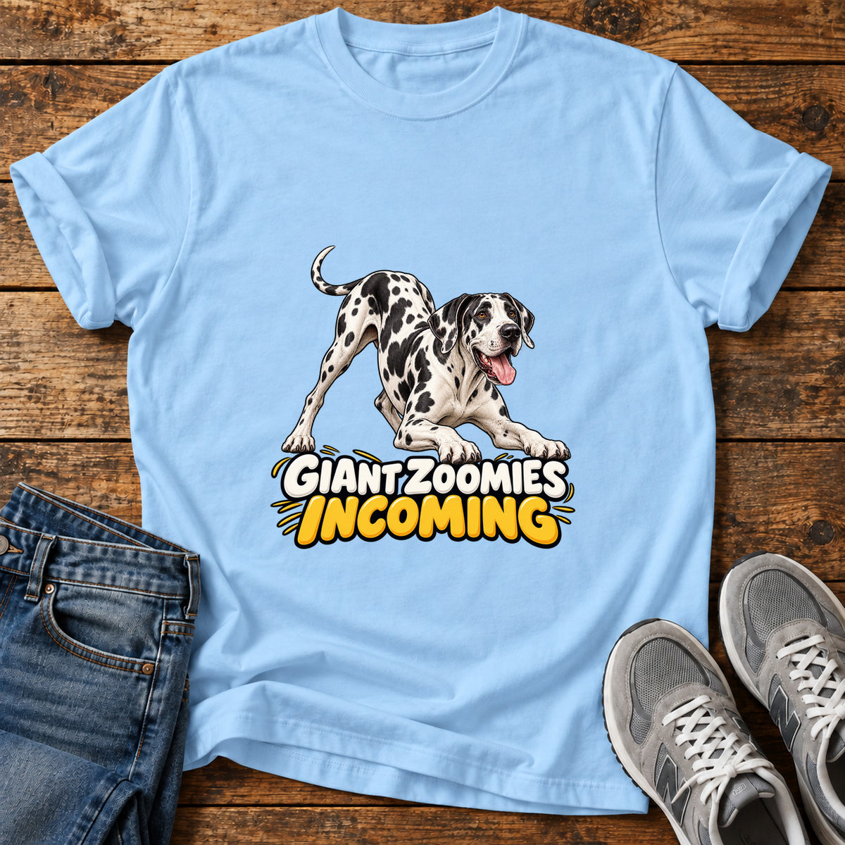 Giant Zoomies Great Dane graphic T-shirt in Light Blue, shown on a flat-lay shirt mockup