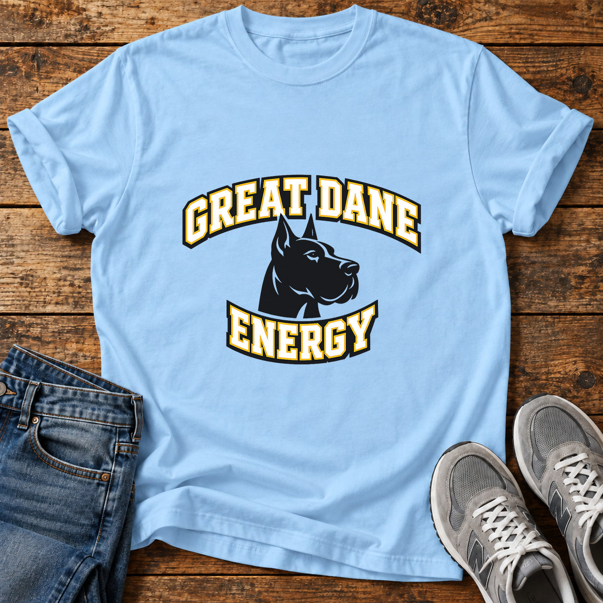 Great Dane Energy graphic T-shirt in Light Blue, shown on a flat-lay shirt mockup