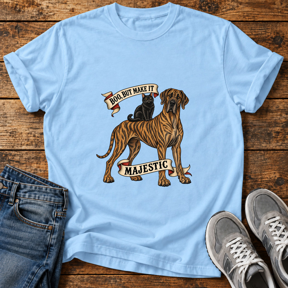 Boo Majestic Great Dane graphic T-shirt in Light Blue, shown on a flat-lay shirt mockup