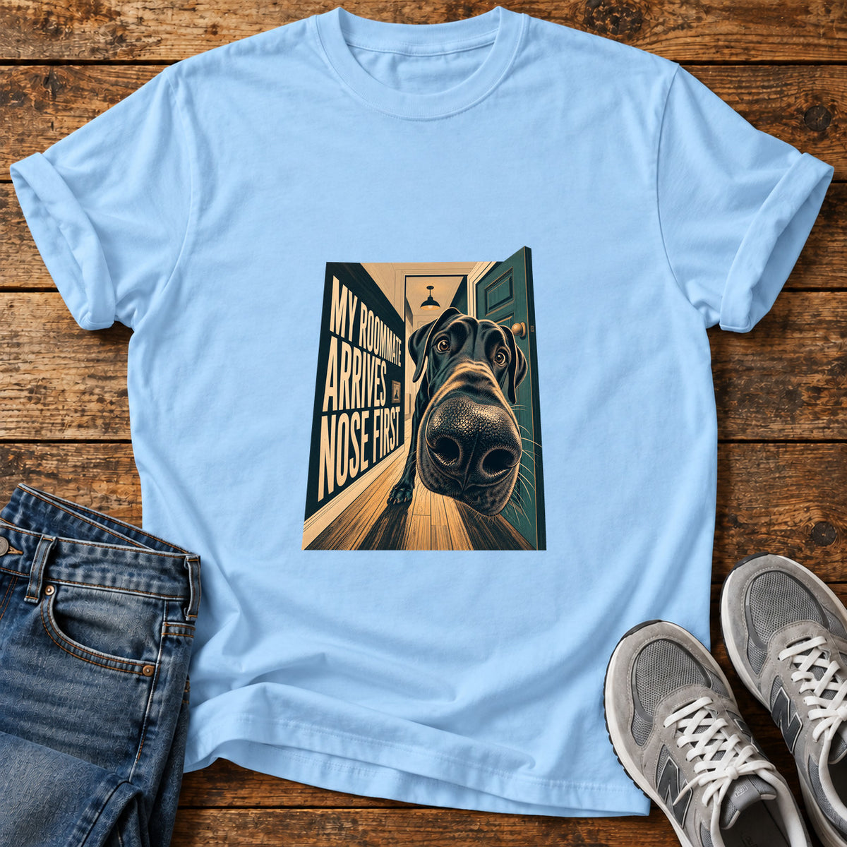 Nose First Roommate Great Dane graphic T-shirt in Light Blue, shown on a flat-lay shirt mockup