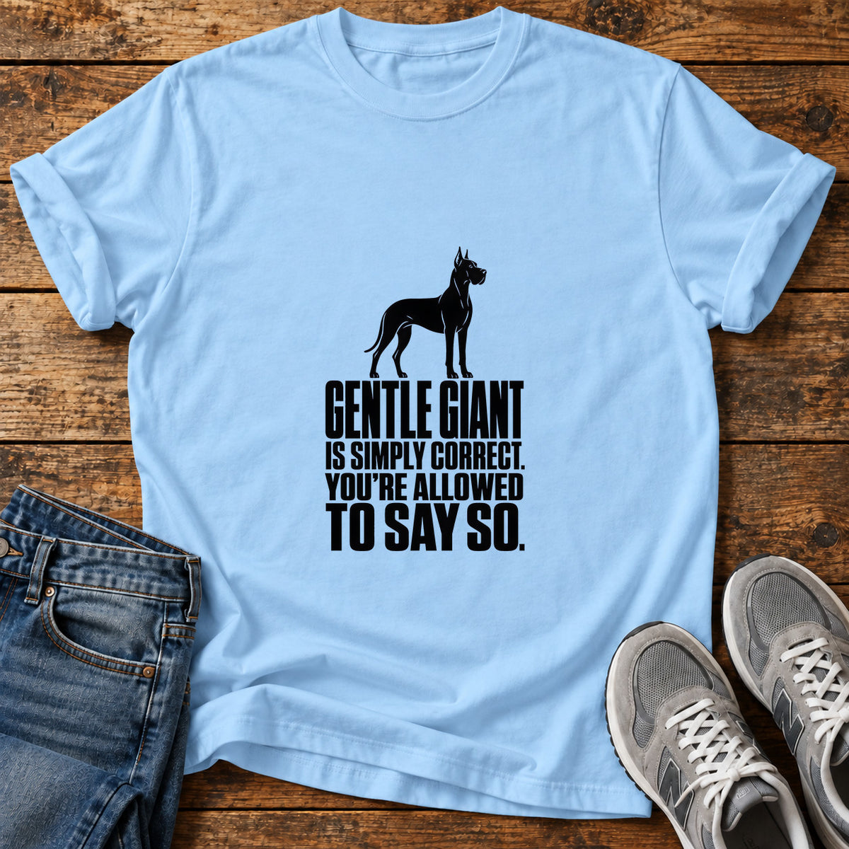 Gentle Giant Great Dane graphic T-shirt in Light Blue, shown on a flat-lay shirt mockup