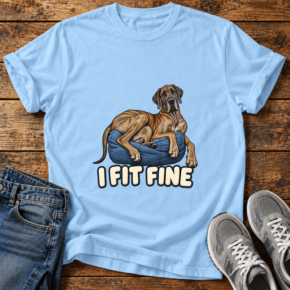 I Fit Fine Great Dane graphic T-shirt in Light Blue, shown on a flat-lay shirt mockup