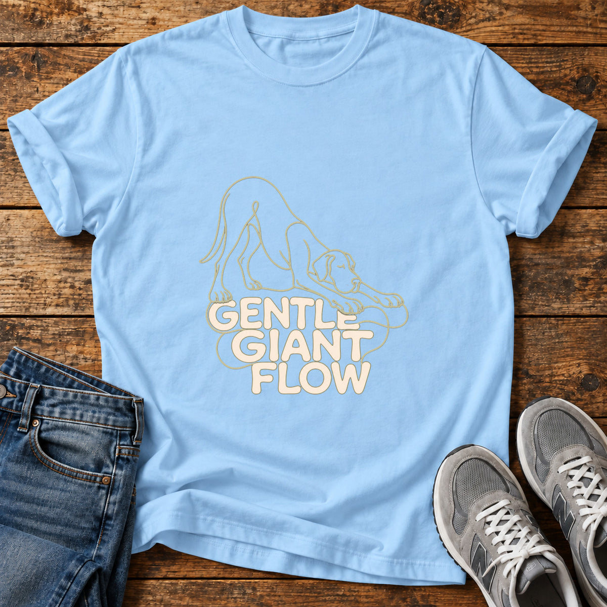 Gentle Giant Flow Great Dane graphic T-shirt in Light Blue, shown on a flat-lay shirt mockup
