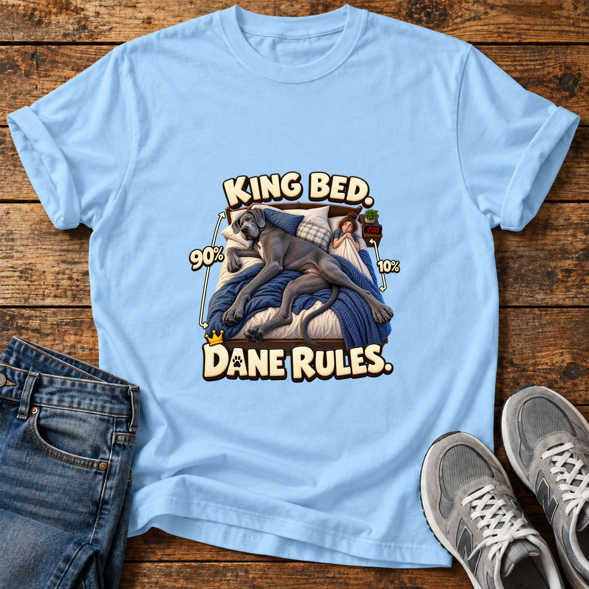Dane Rules Great Dane graphic T-shirt in Light Blue, shown on a flat-lay shirt mockup