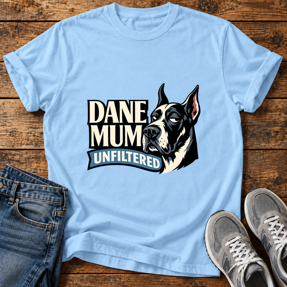 Dane Mum Unfiltered Great Dane graphic T-shirt in Light Blue, shown on a flat-lay shirt mockup