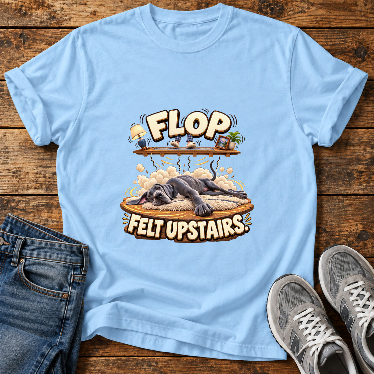 Flop Felt Upstairs Great Dane graphic T-shirt in Light Blue, shown on a flat-lay shirt mockup