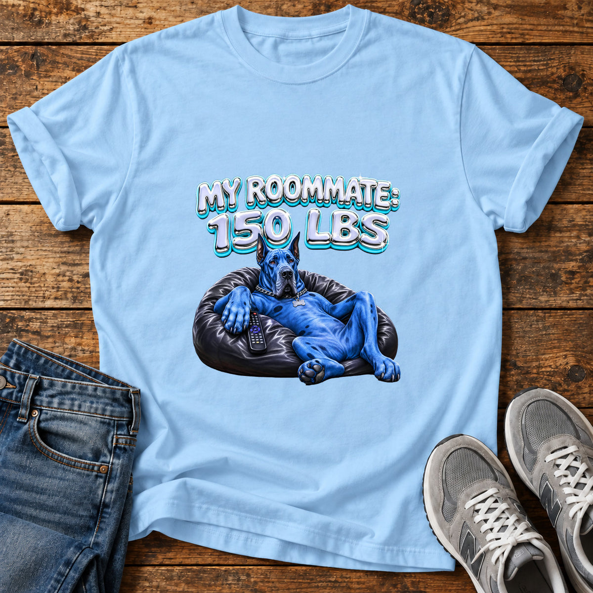 My Roommate Great Dane graphic T-shirt in Light Blue, shown on a flat-lay shirt mockup
