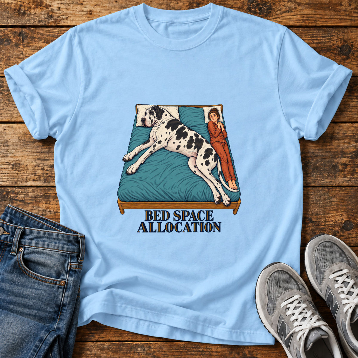 Bed Space Allocation Great Dane graphic T-shirt in Light Blue, shown on a flat-lay shirt mockup