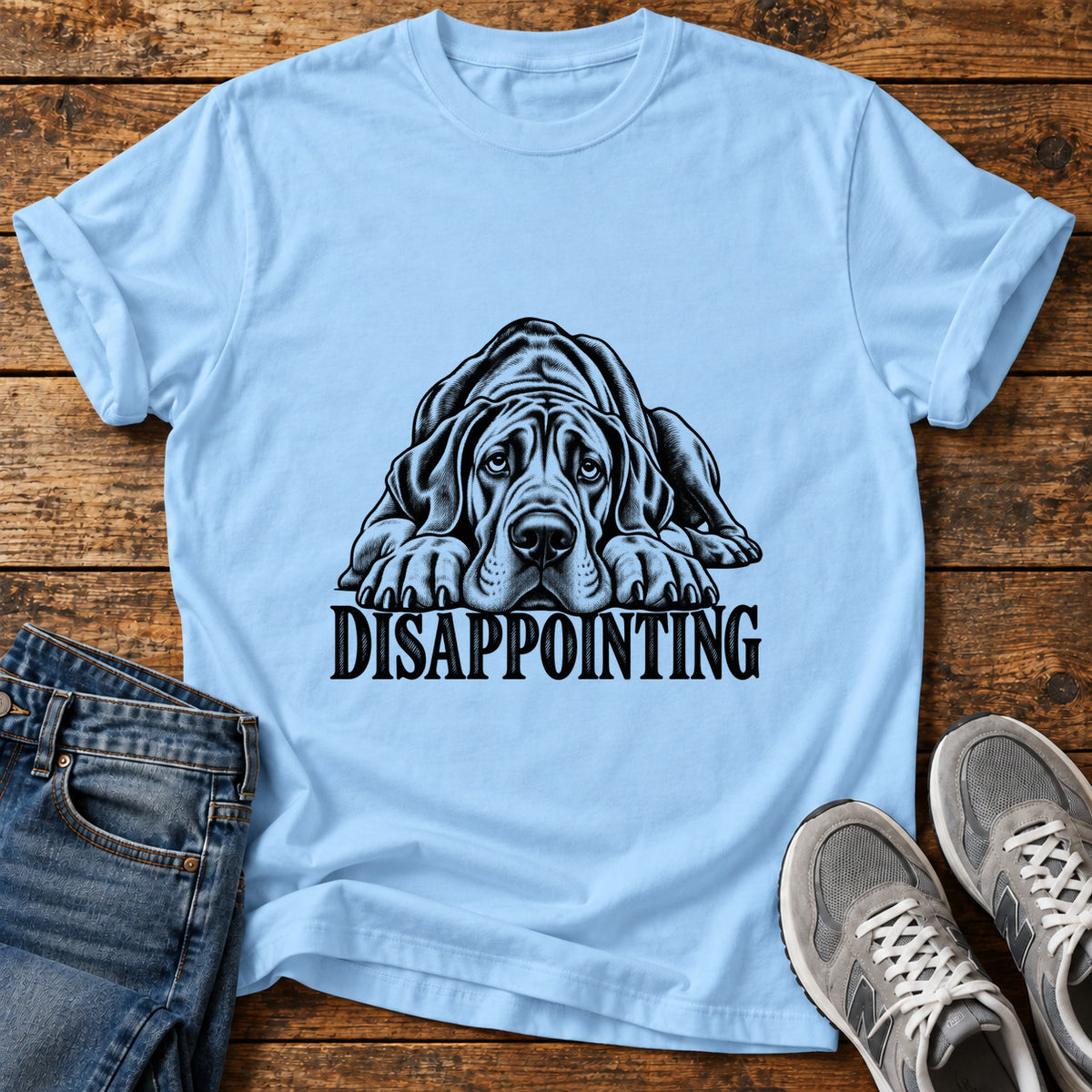 Disappointing Pup Great Dane graphic T-shirt in Light Blue, shown on a flat-lay shirt mockup