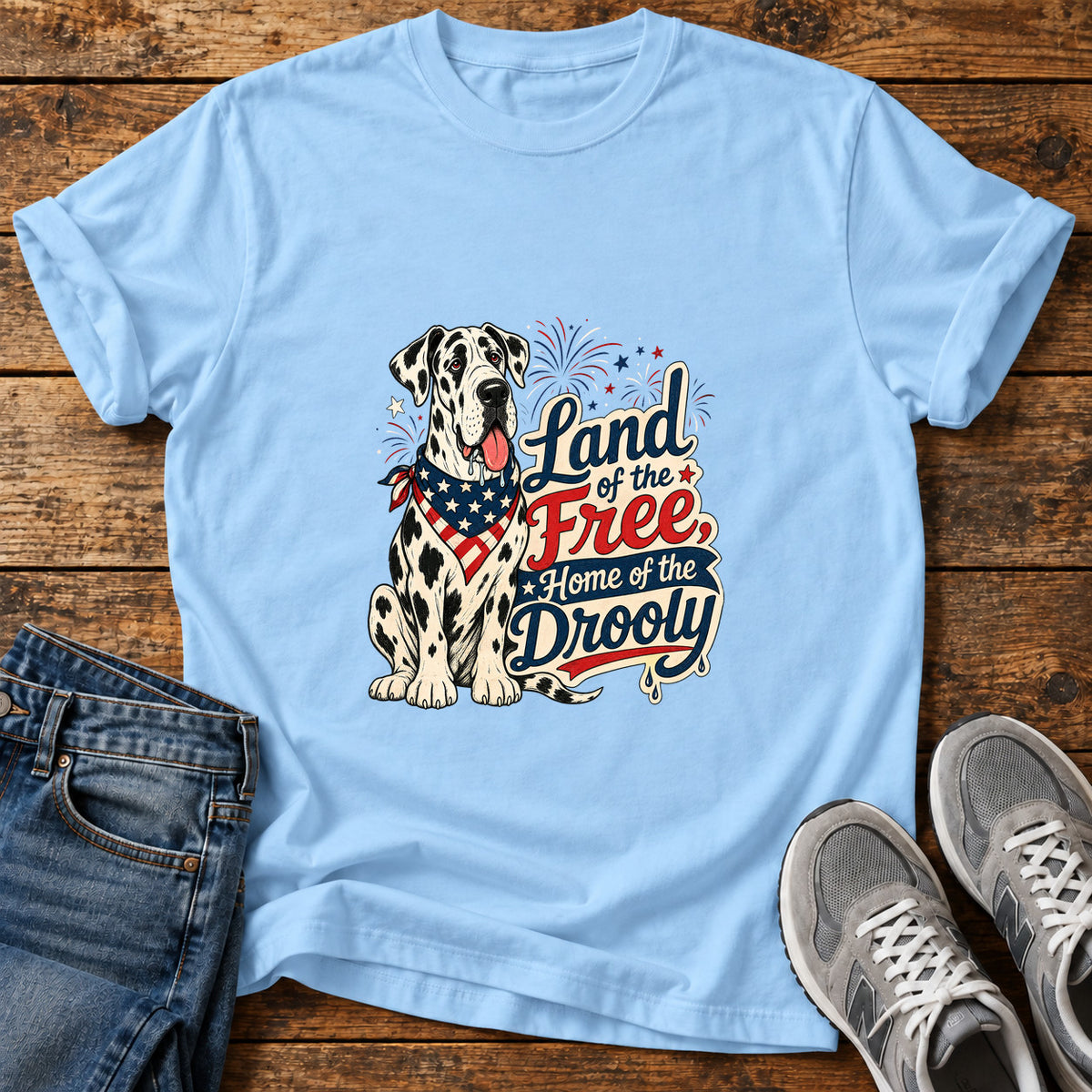 Land of Drooly Great Dane graphic T-shirt in Light Blue, shown on a flat-lay shirt mockup