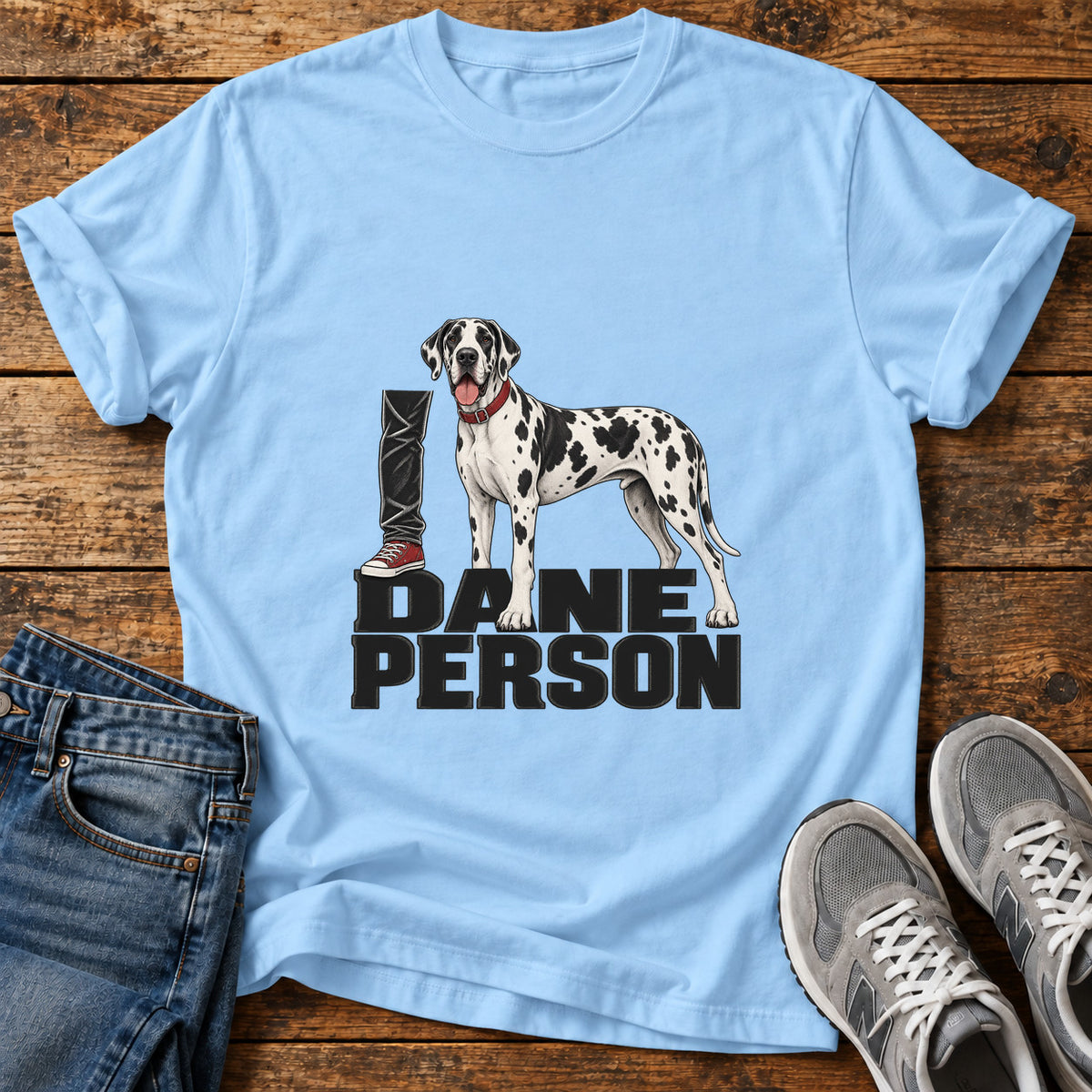 Dane Person Great Dane graphic T-shirt in Light Blue, shown on a flat-lay shirt mockup