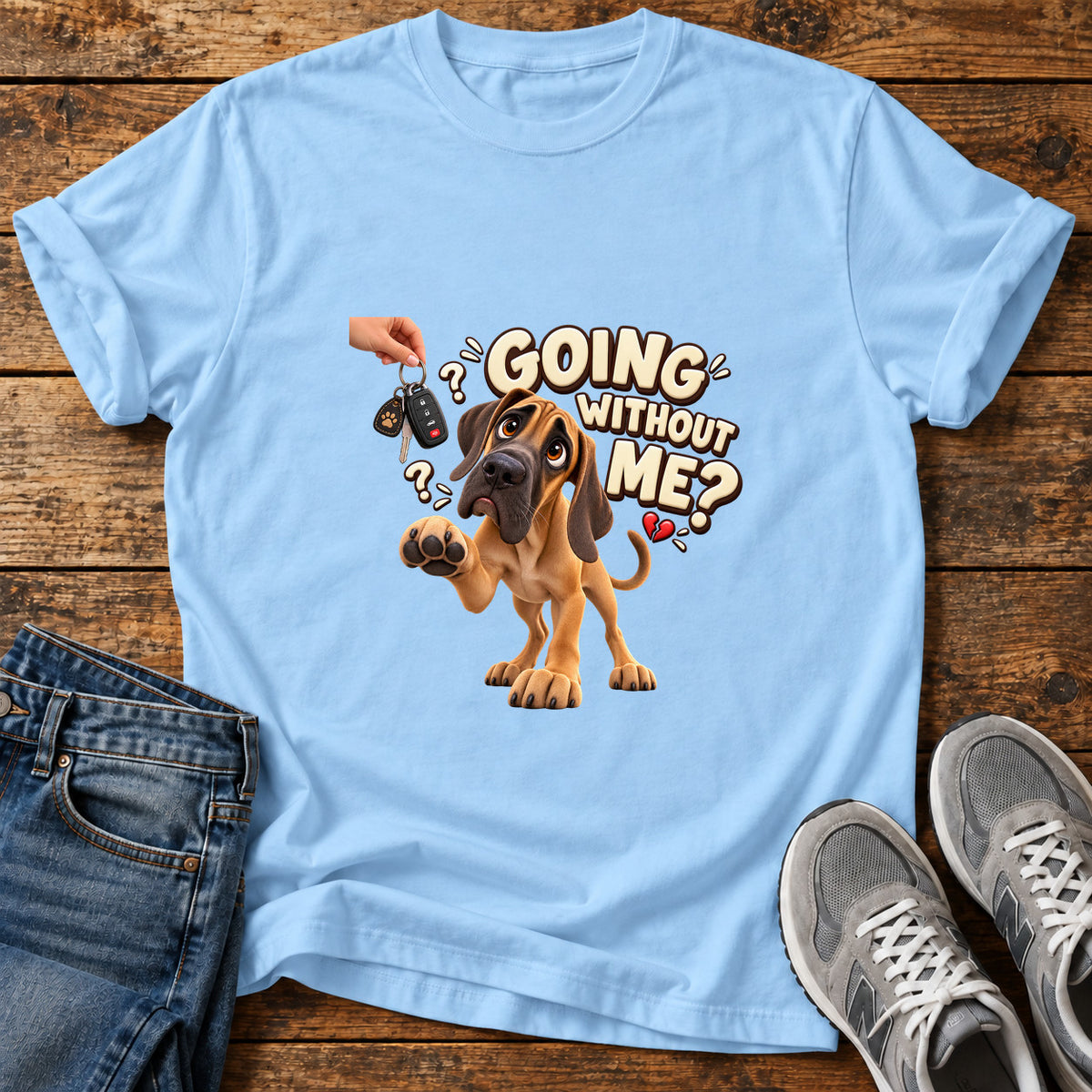 Going Without Me Great Dane graphic T-shirt in Light Blue, shown on a flat-lay shirt mockup