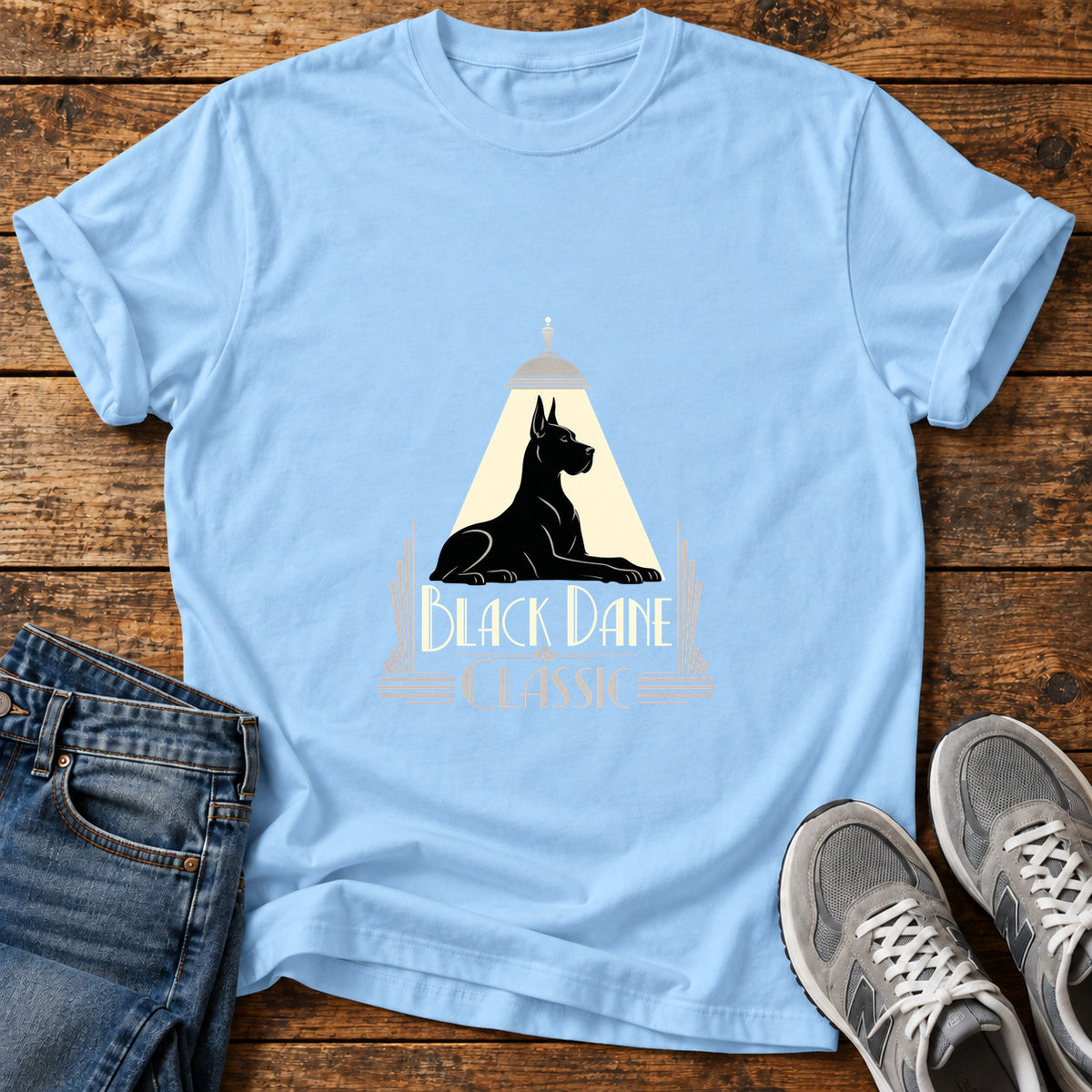 Black Dane Classic Great Dane graphic T-shirt in Light Blue, shown on a flat-lay shirt mockup