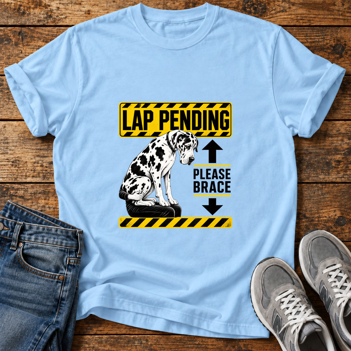 Lap Pending Great Dane graphic T-shirt in Light Blue, shown on a flat-lay shirt mockup