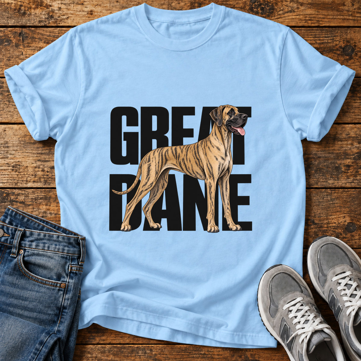 Great Dane graphic T-shirt in Light Blue, shown on a flat-lay shirt mockup