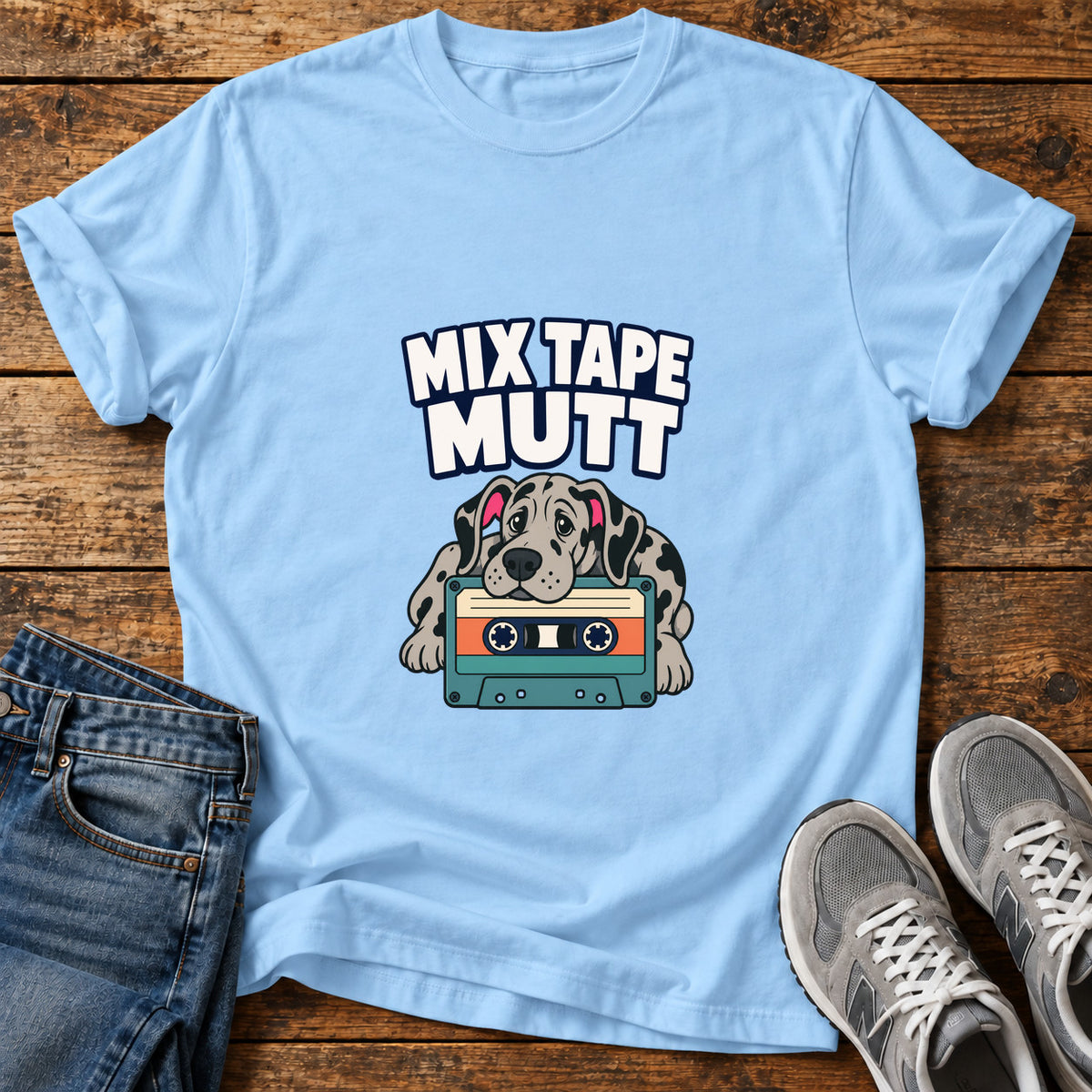 Mixtape Mutt Great Dane graphic T-shirt in Light Blue, shown on a flat-lay shirt mockup